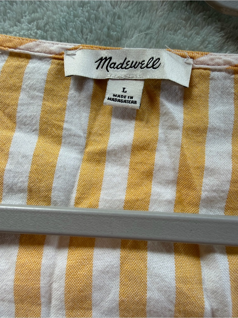 Women’s Madewell L yellow, and white striped button up tie front blouse